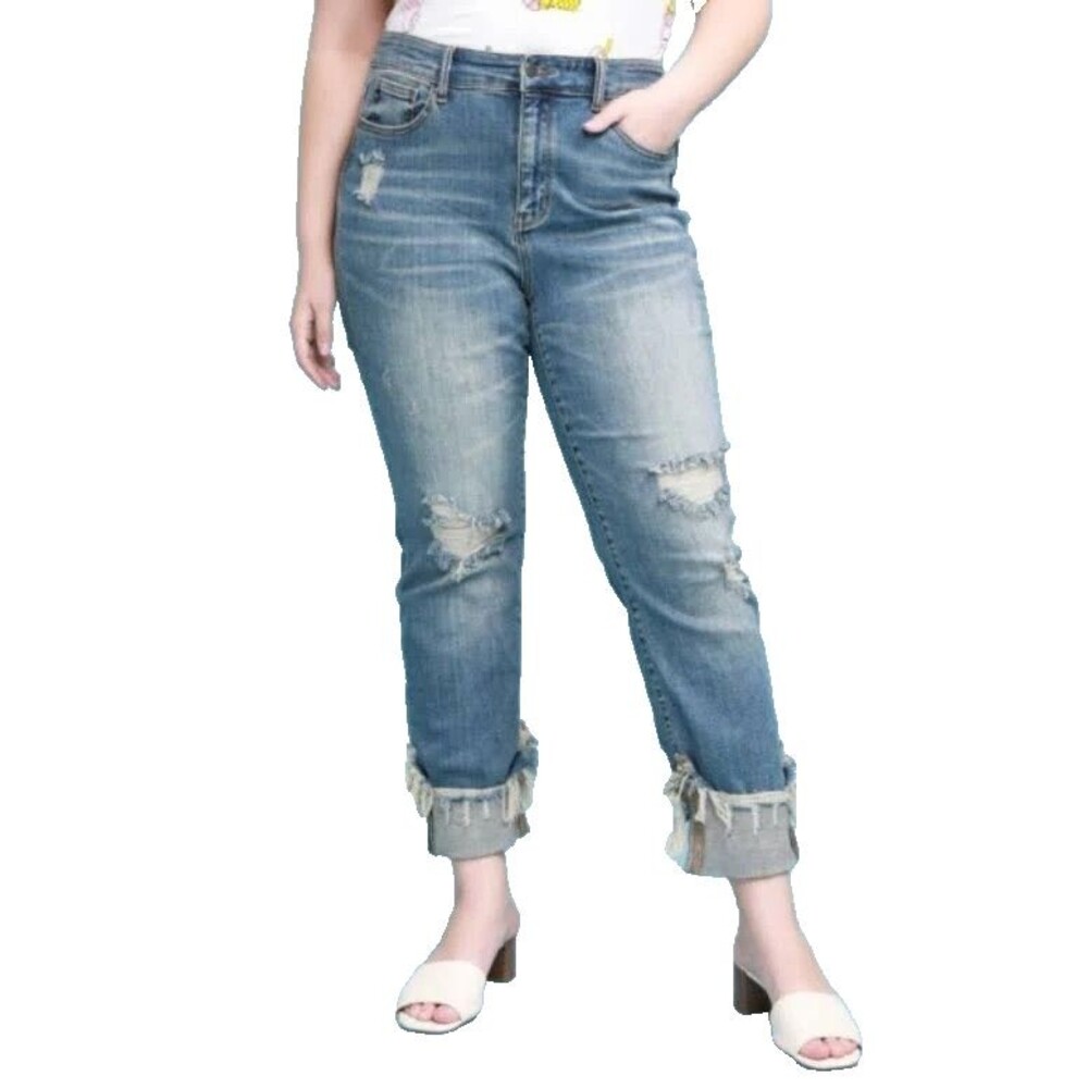 NWT Judy Blue Jeans Womens 11/30 Mid Rise Straight Leg Distressed Cuffed JB82107